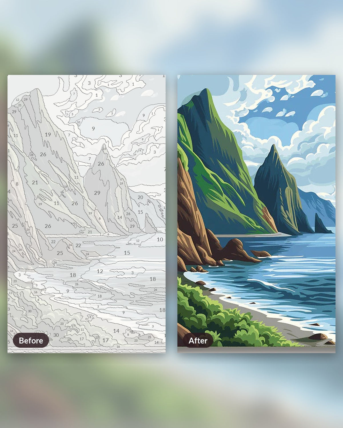 Coastal Mountains paint by numbers kit, before and after