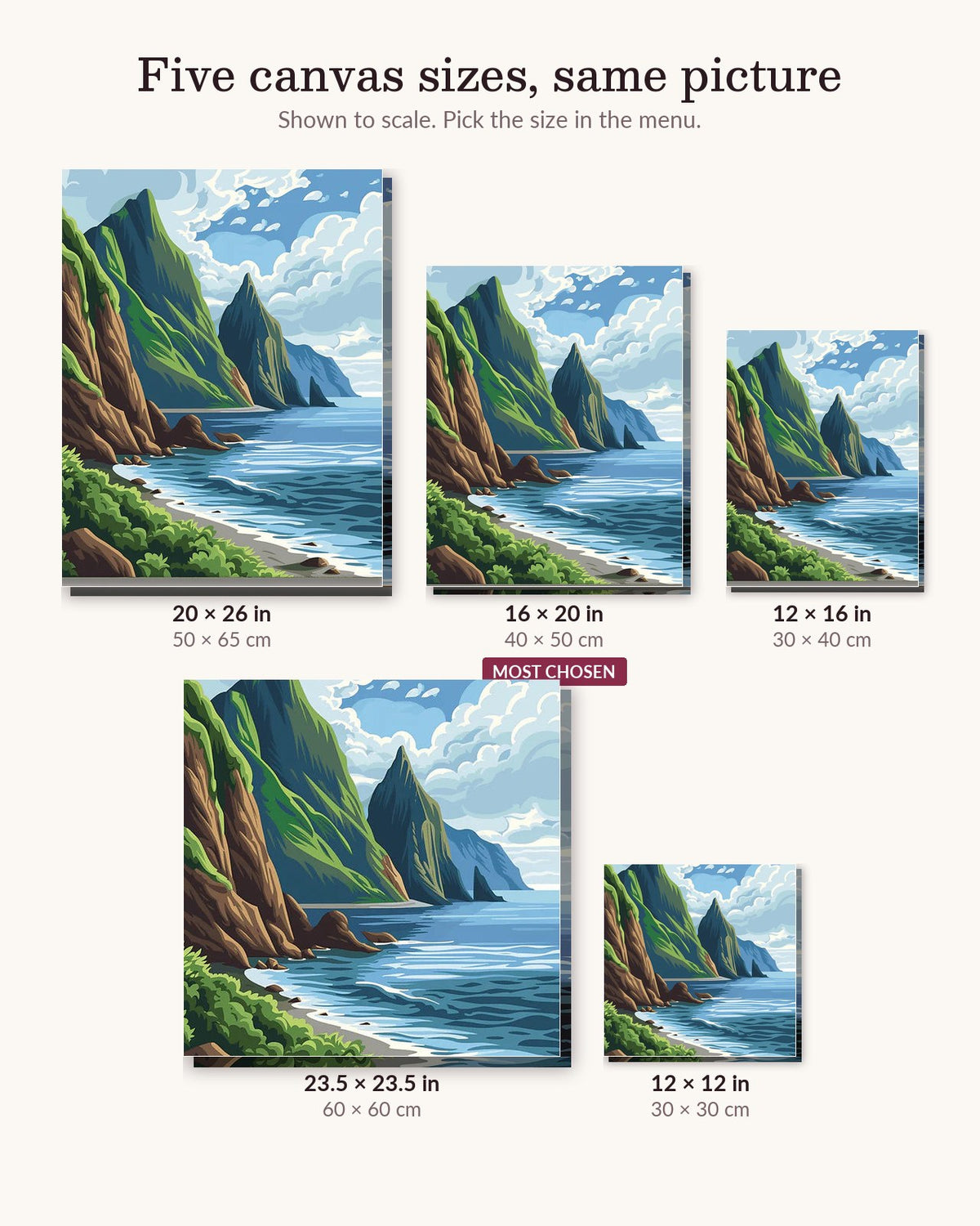 Coastal Mountains canvas sizes from 12 x 12 to 23.5 x 23.5 inches