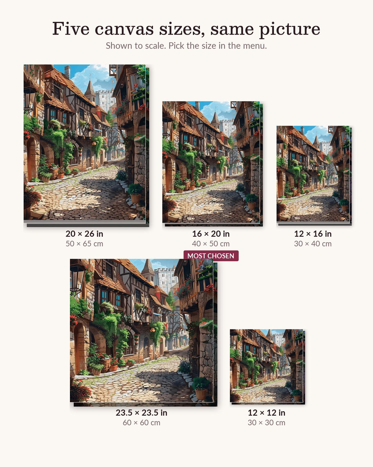Cobblestone Alley canvas sizes from 12 x 12 to 23.5 x 23.5 inches