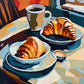 cup of coffee and two golden croissants on plates on a cafe table with blue shadows, paint by numbers kit