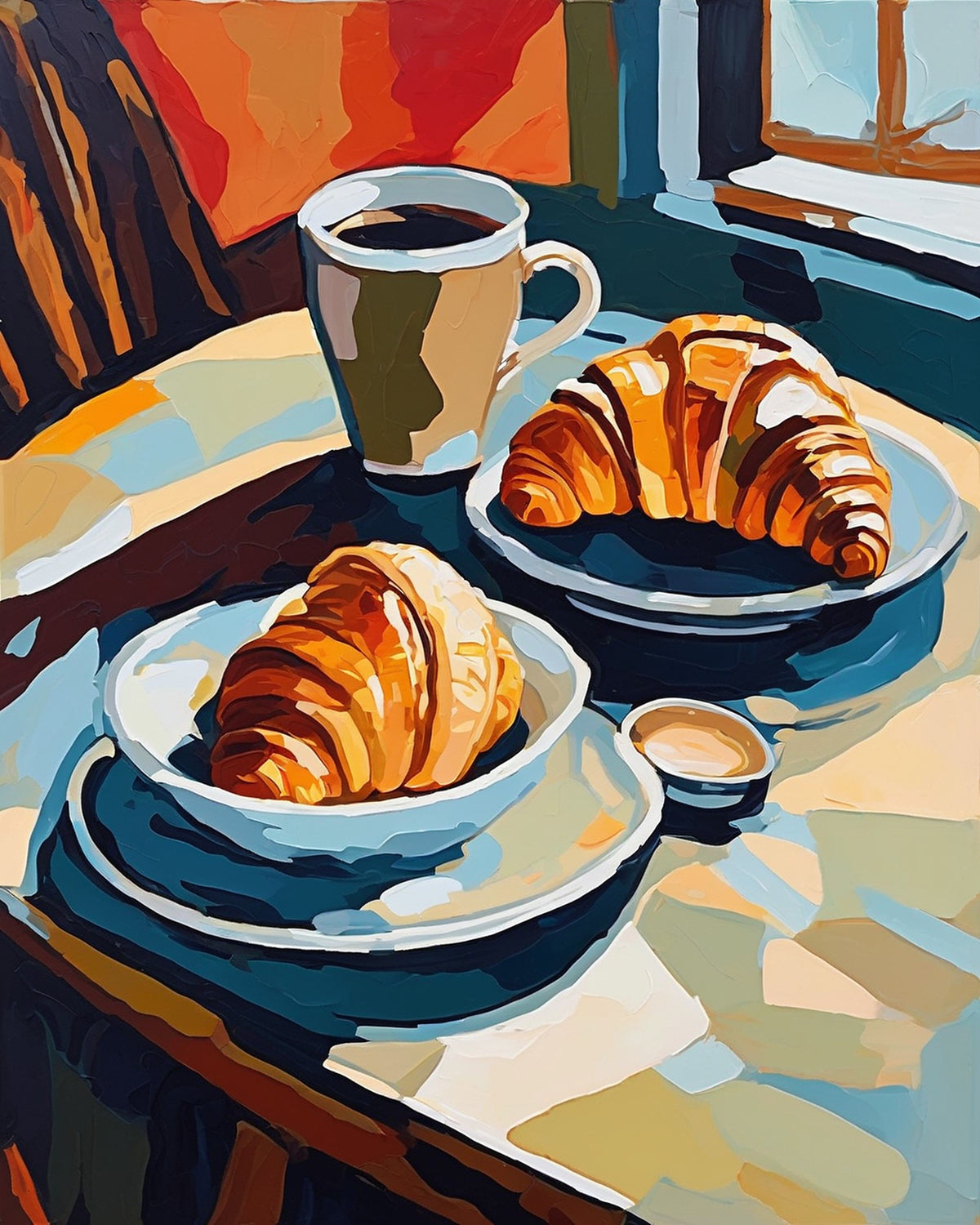 cup of coffee and two golden croissants on plates on a cafe table with blue shadows, paint by numbers kit