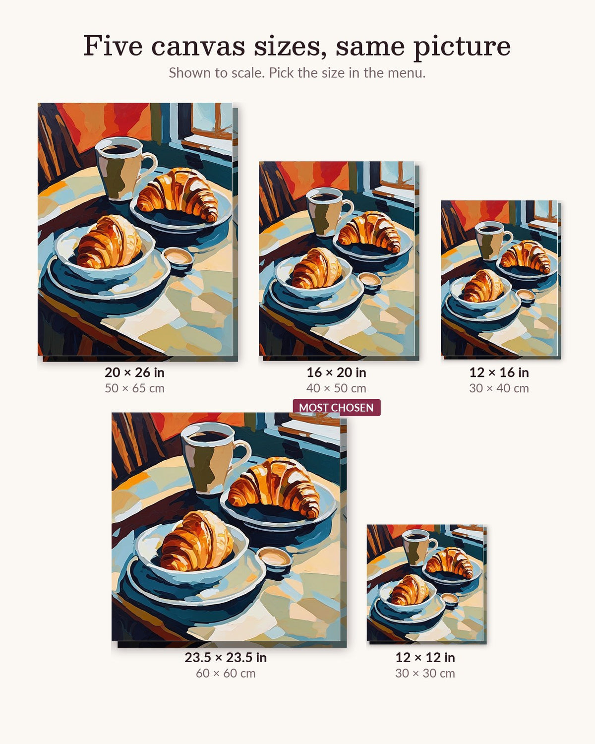 Coffee and Croissants on a Cafe Table canvas sizes from 12 x 12 to 23.5 x 23.5 inches