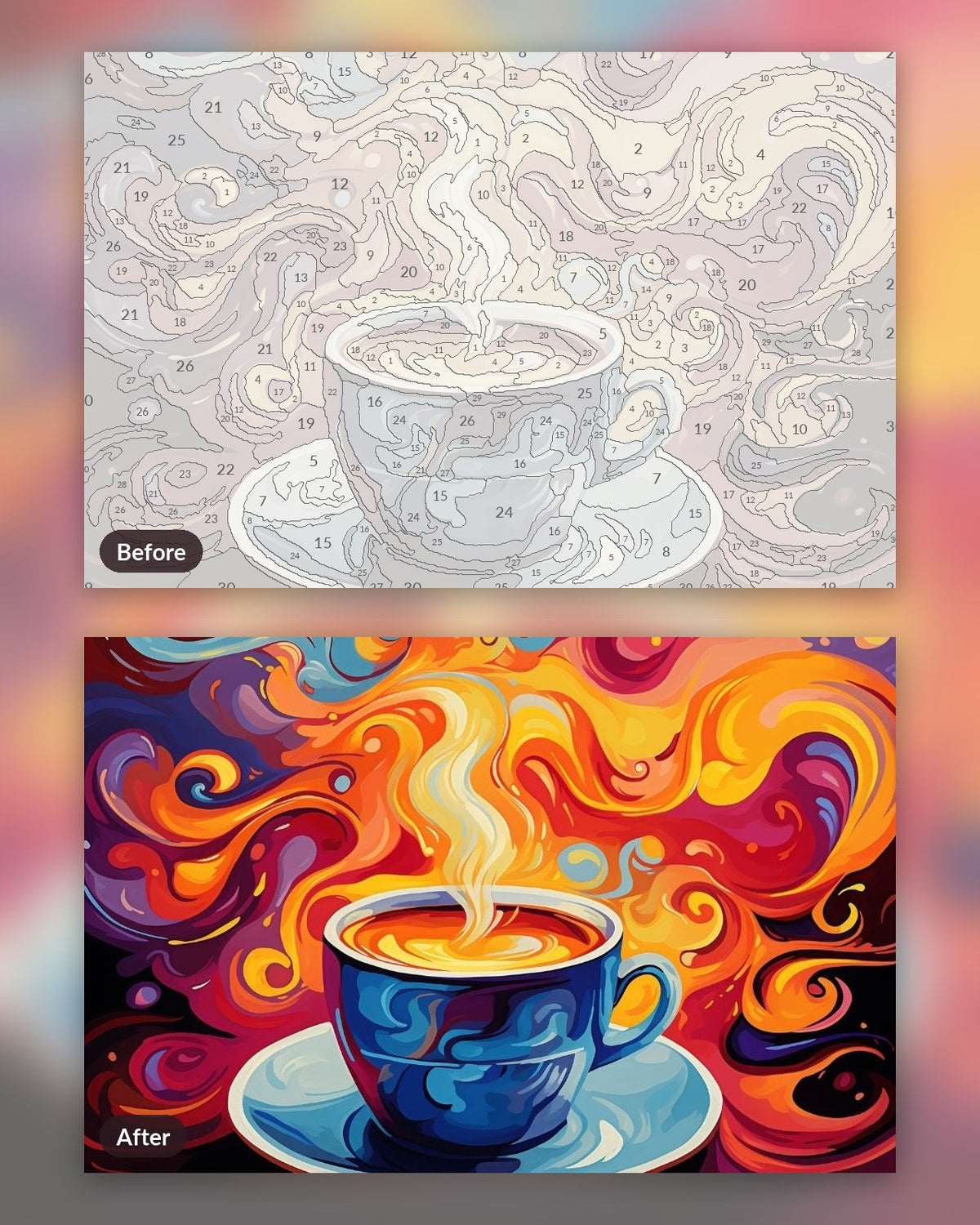 Caffeine Breeze paint by numbers kit, before and after