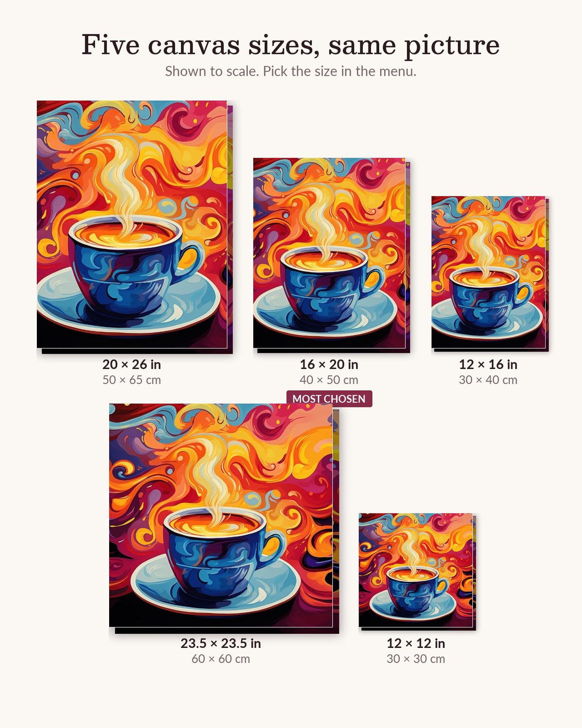 Caffeine Breeze canvas sizes from 12 x 12 to 23.5 x 23.5 inches