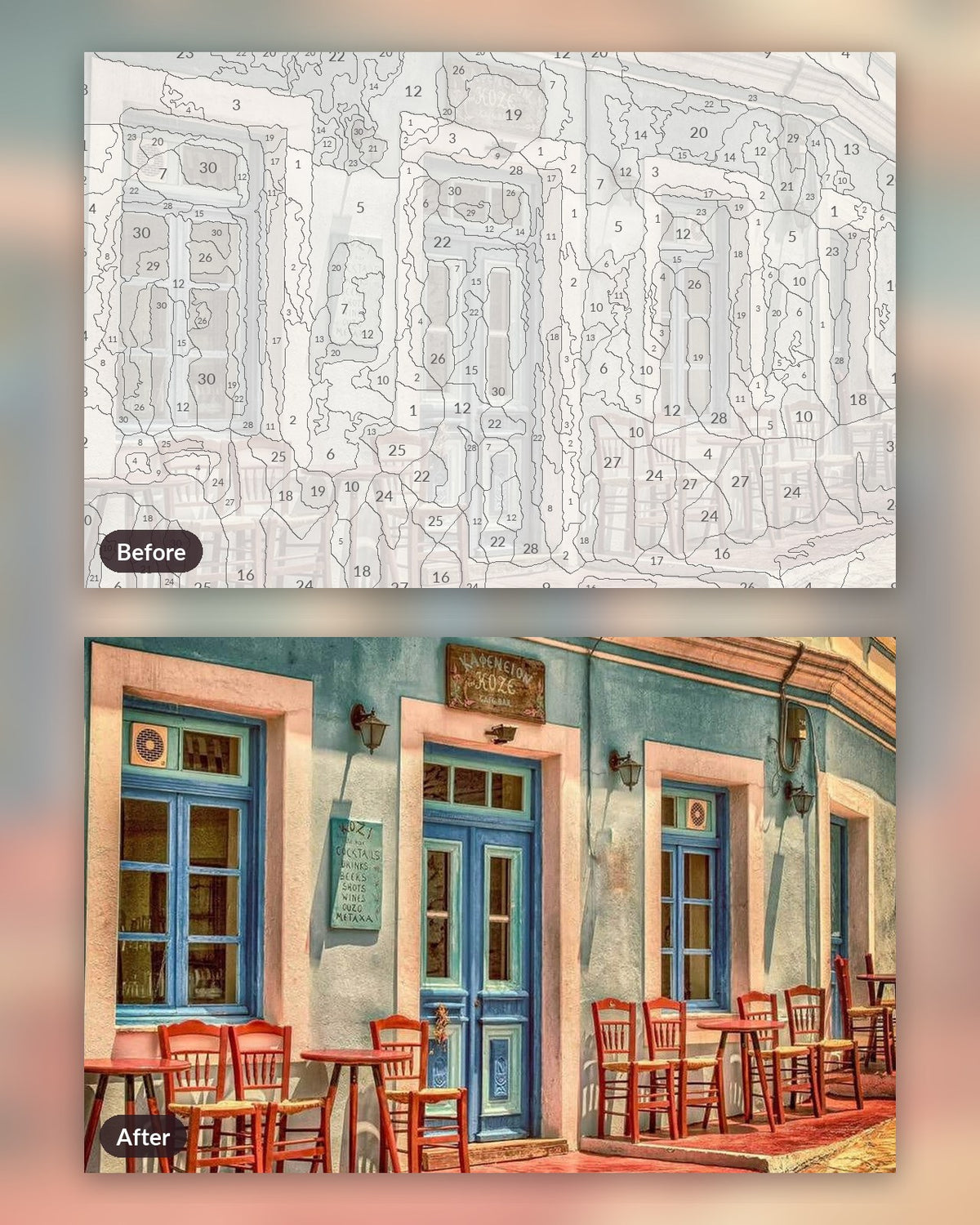 Coffee Shop paint by numbers kit, before and after