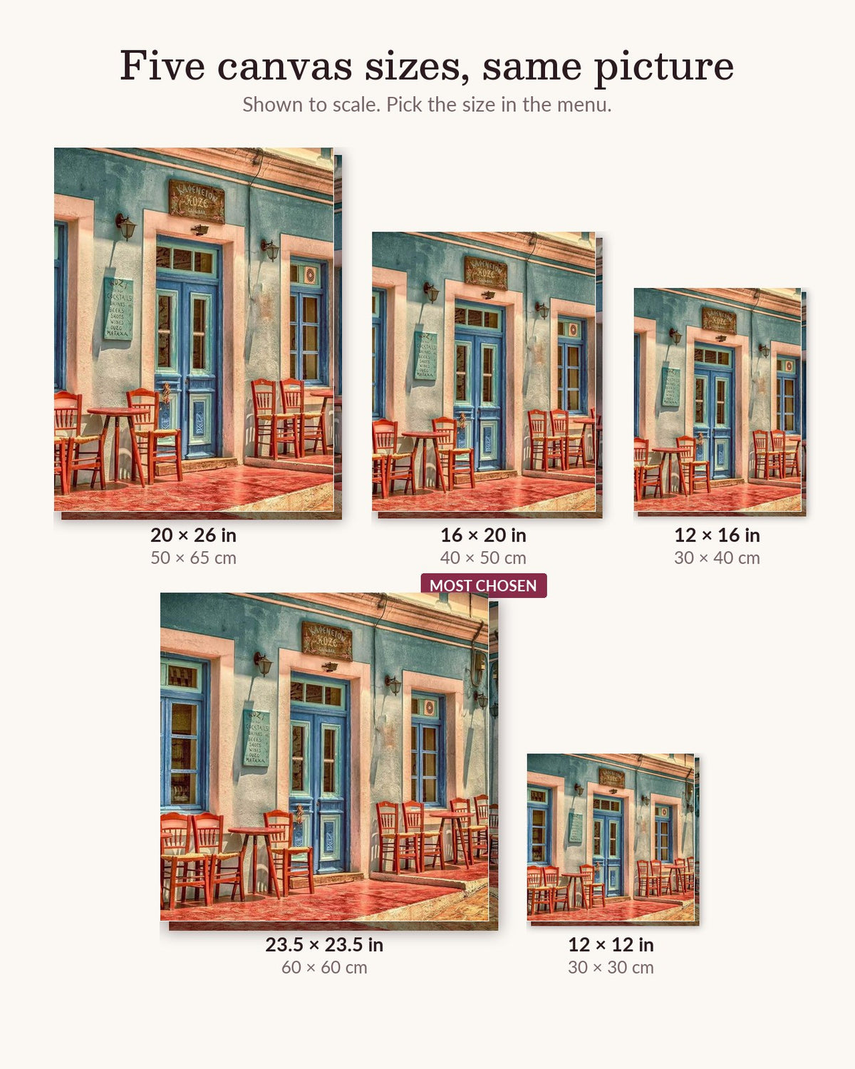 Coffee Shop canvas sizes from 12 x 12 to 23.5 x 23.5 inches