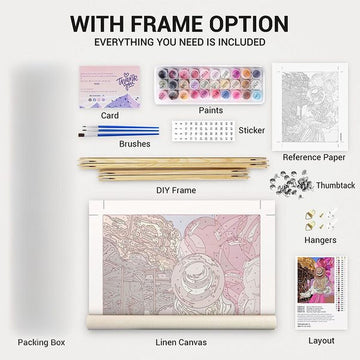 Everything included with the Hue Symphony kit and its frame option: linen canvas, paints, brushes, reference card, stickers, hangers and DIY wooden frame