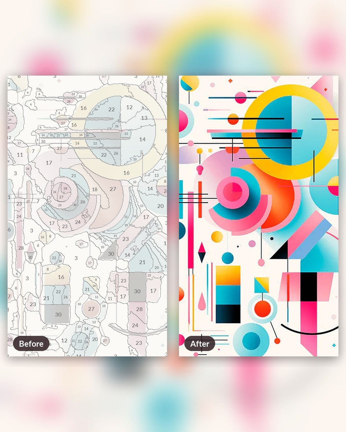Hue Symphony paint by numbers kit, before and after