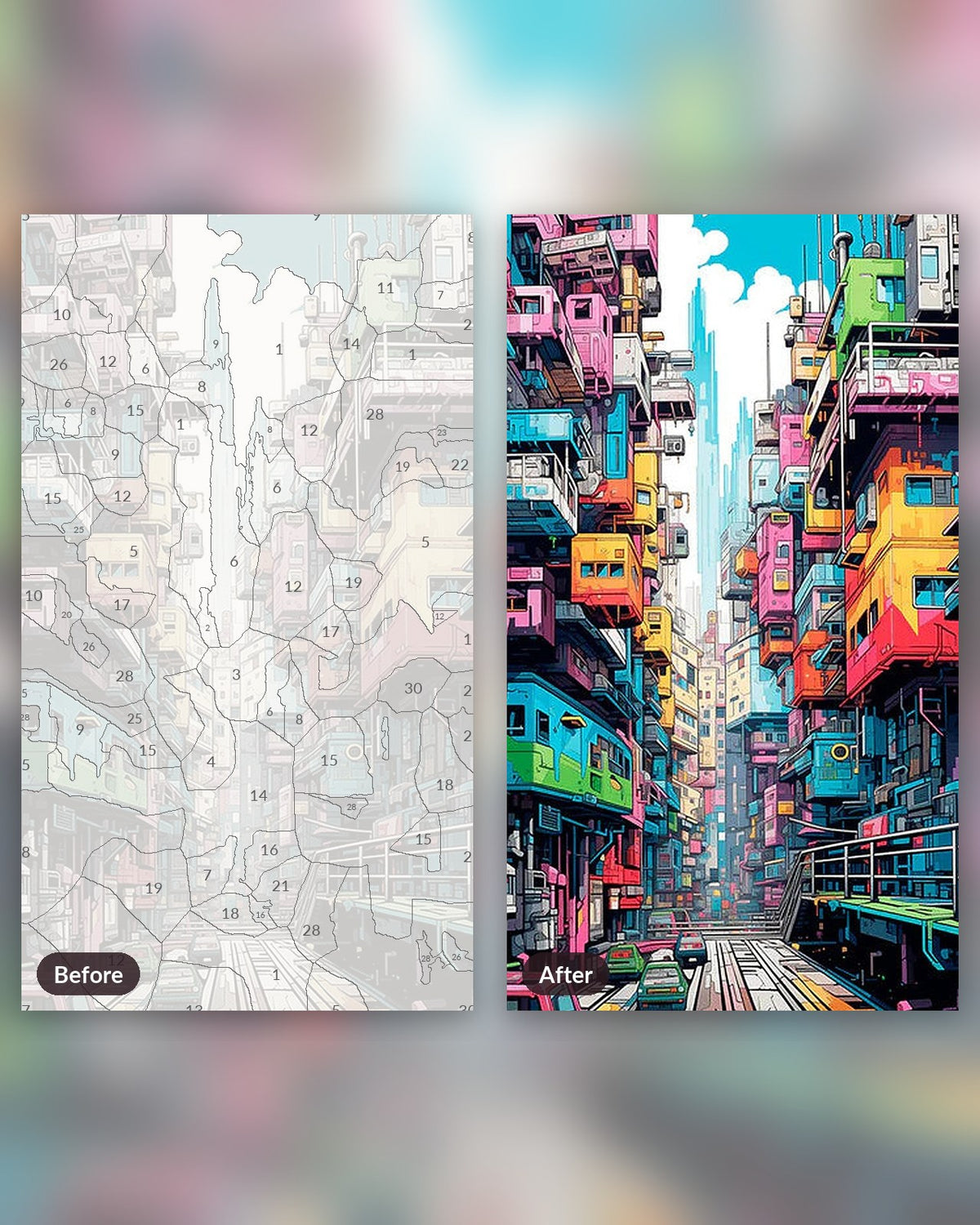 Vivid Dystopia paint by numbers kit, before and after