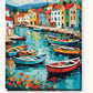 Colorful Fishing Boats in a Harbor paint by numbers kit on stretched canvas