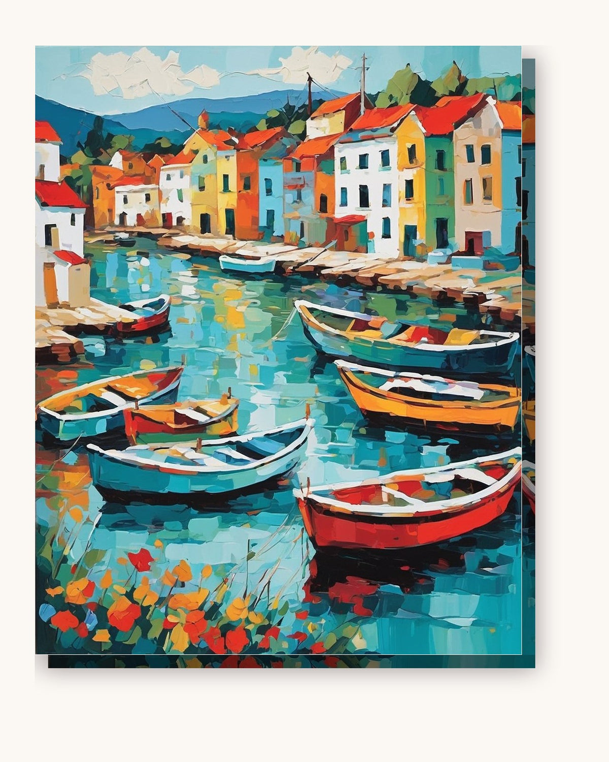 Colorful Fishing Boats in a Harbor paint by numbers kit on stretched canvas