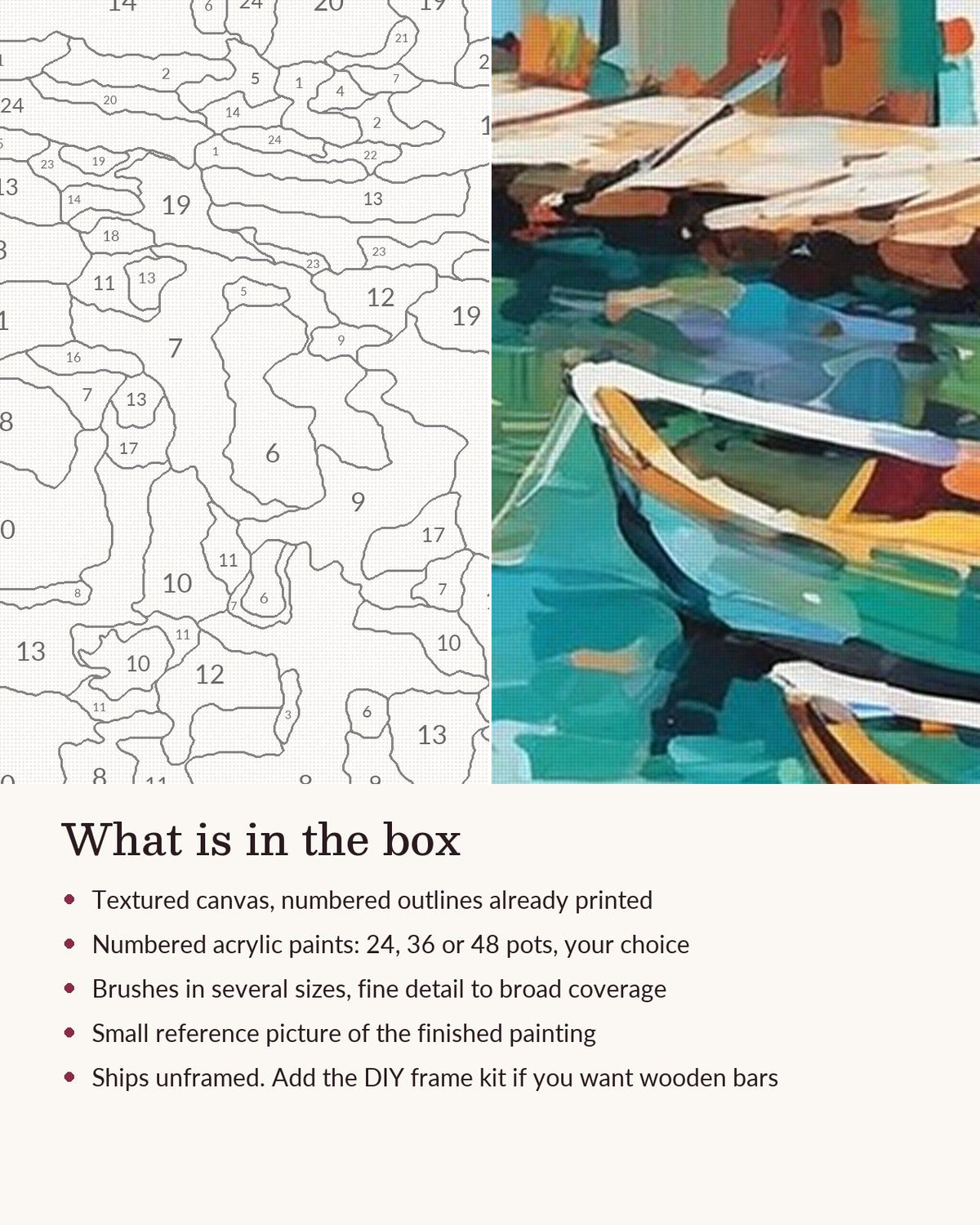 Close-up of the Colorful Fishing Boats in a Harbor canvas texture and printed numbers