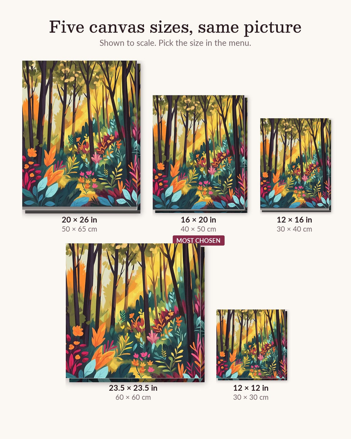 Spectrum of Trees canvas sizes from 12 x 12 to 23.5 x 23.5 inches