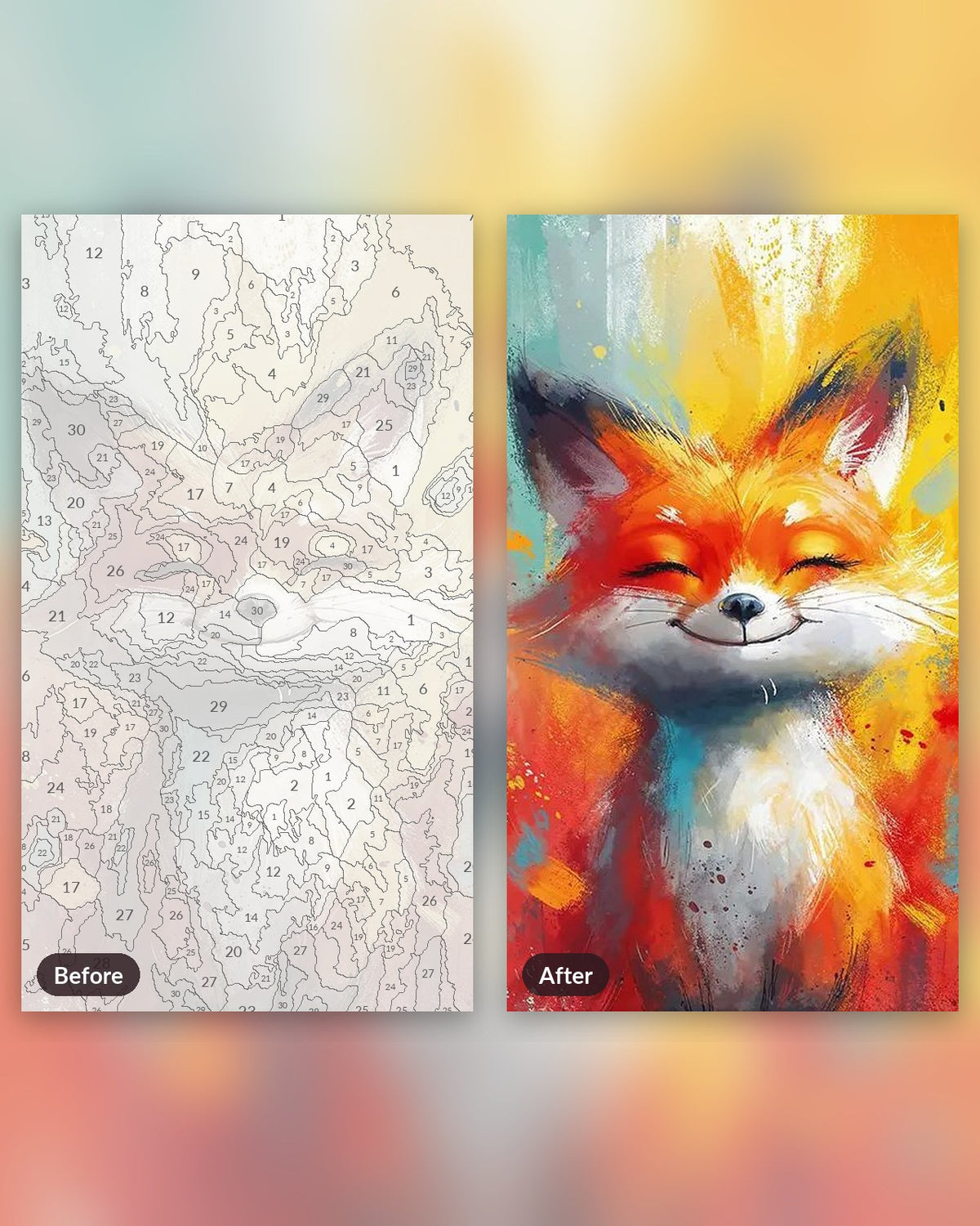Colorful Fox paint by numbers kit, before and after