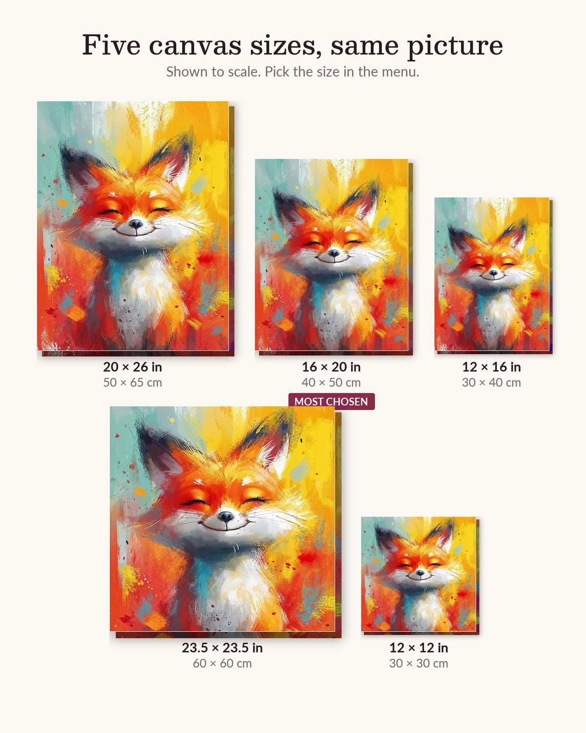 Colorful Fox canvas sizes from 12 x 12 to 23.5 x 23.5 inches