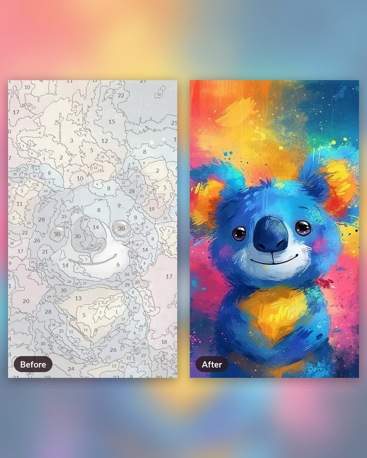 Colorful Koala paint by numbers kit, before and after