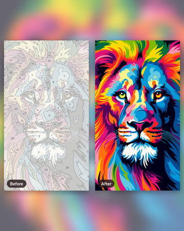 Colorful Lion paint by numbers kit, before and after
