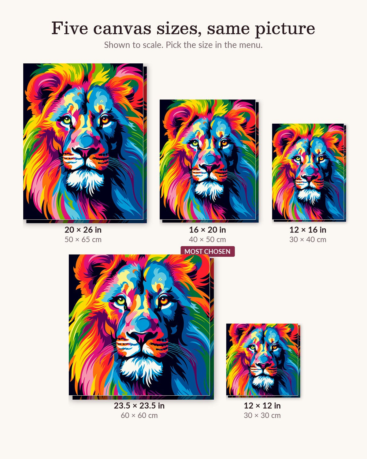 Colorful Lion canvas sizes from 12 x 12 to 23.5 x 23.5 inches