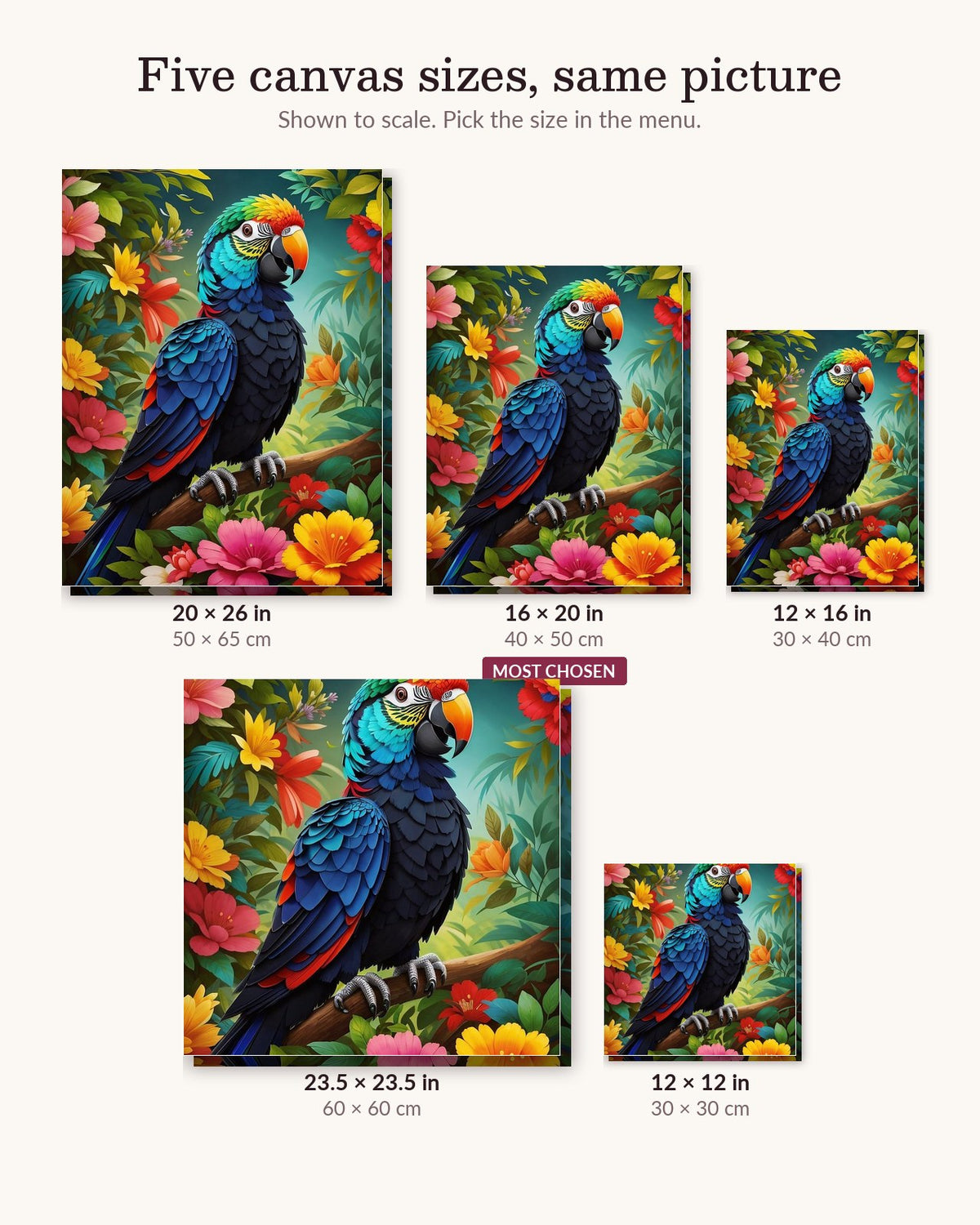 Colorful Parrot canvas sizes from 12 x 12 to 23.5 x 23.5 inches