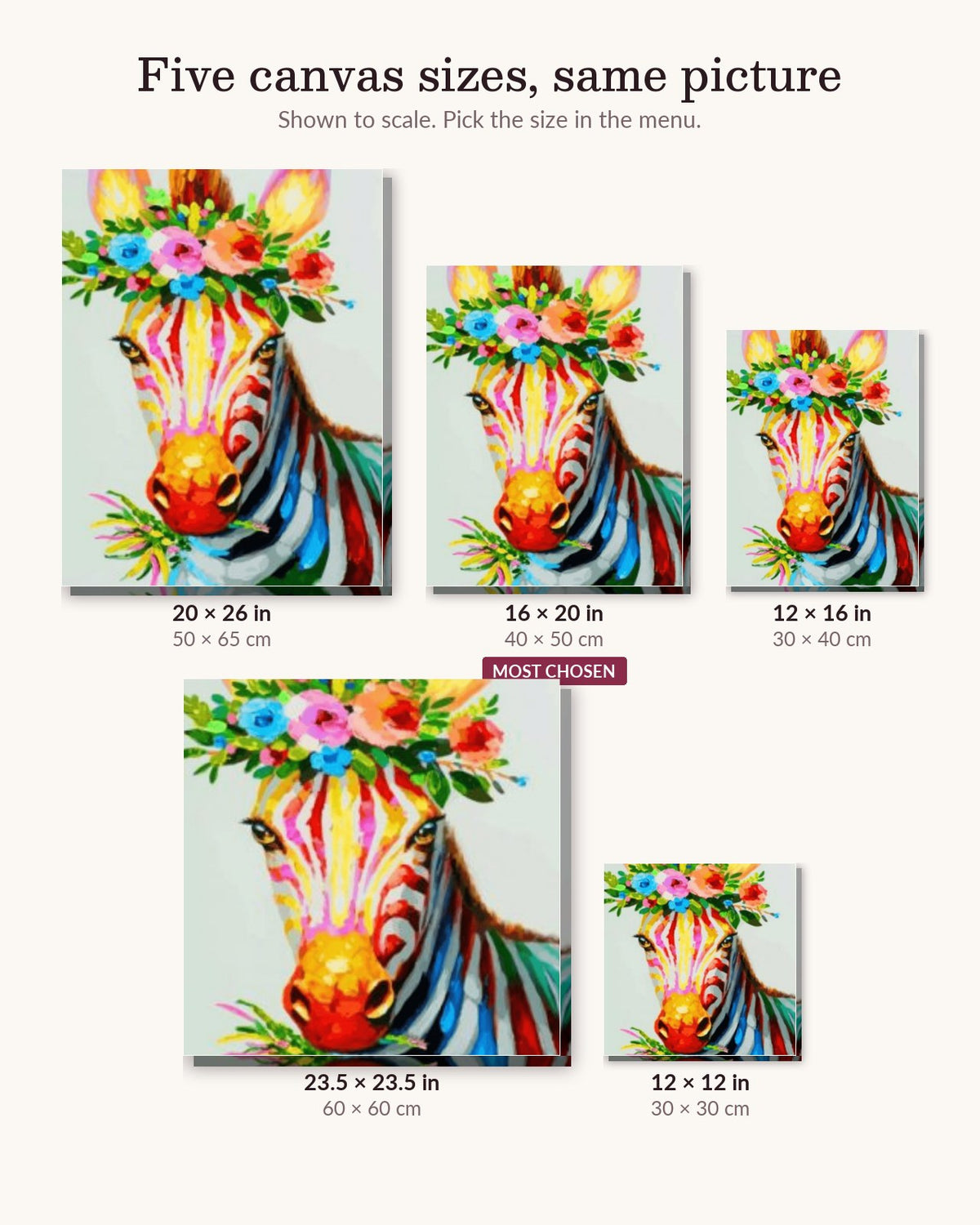 Colorful Zebra With Flowers canvas sizes from 12 x 12 to 23.5 x 23.5 inches