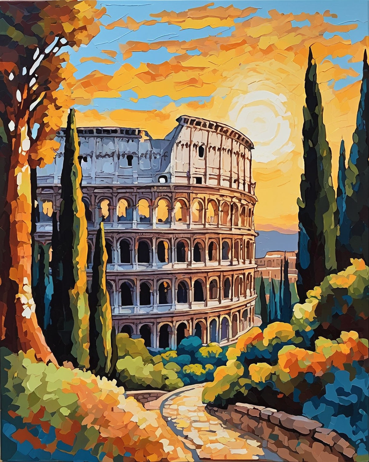 roman colosseum behind cypress trees at golden hour with a stone path, paint by numbers kit