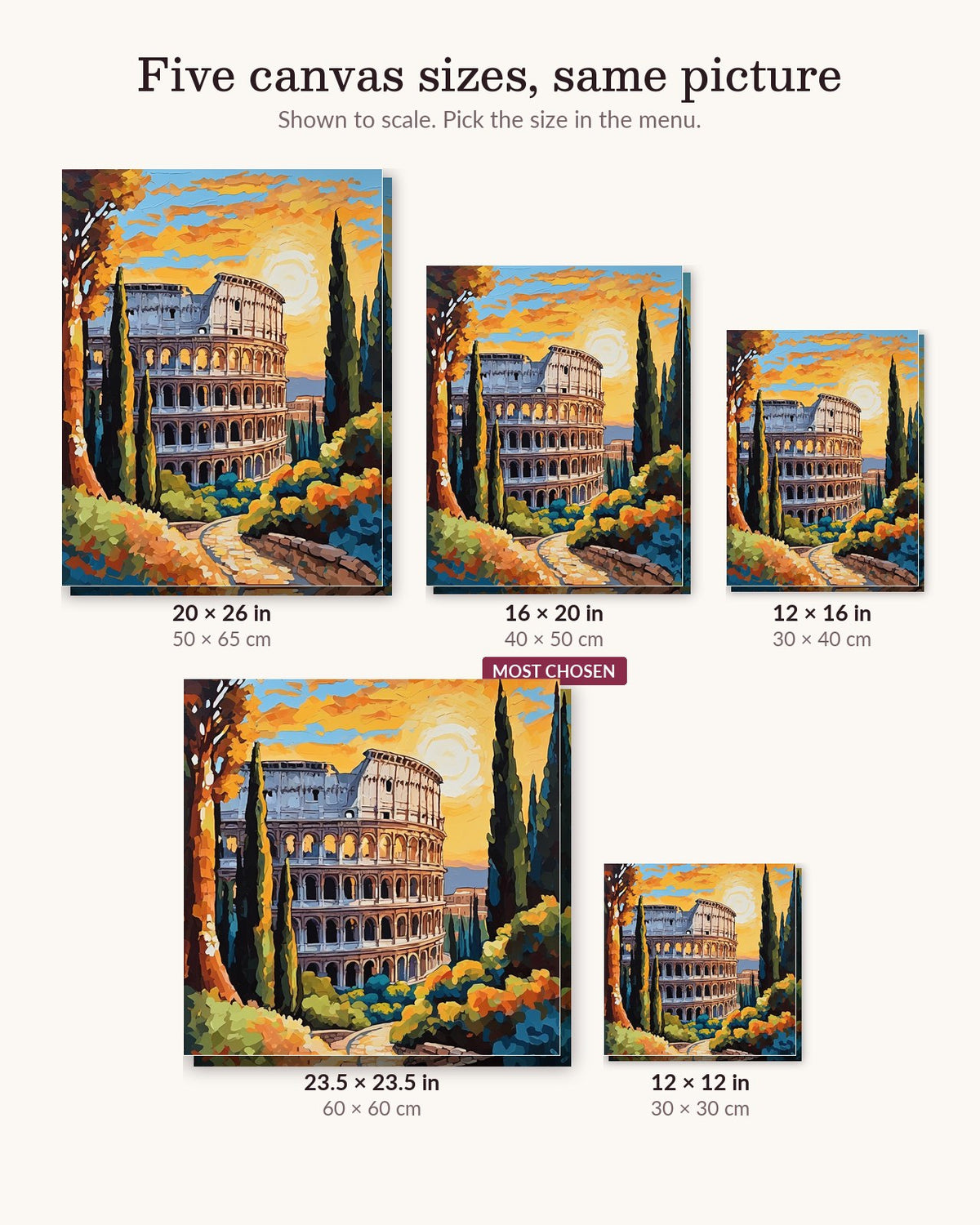 Colosseum at Golden Hour canvas sizes from 12 x 12 to 23.5 x 23.5 inches
