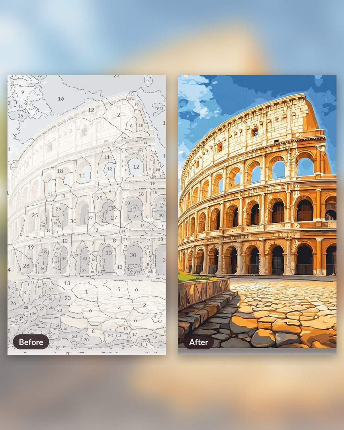 The Roman Colosseum paint by numbers kit, before and after