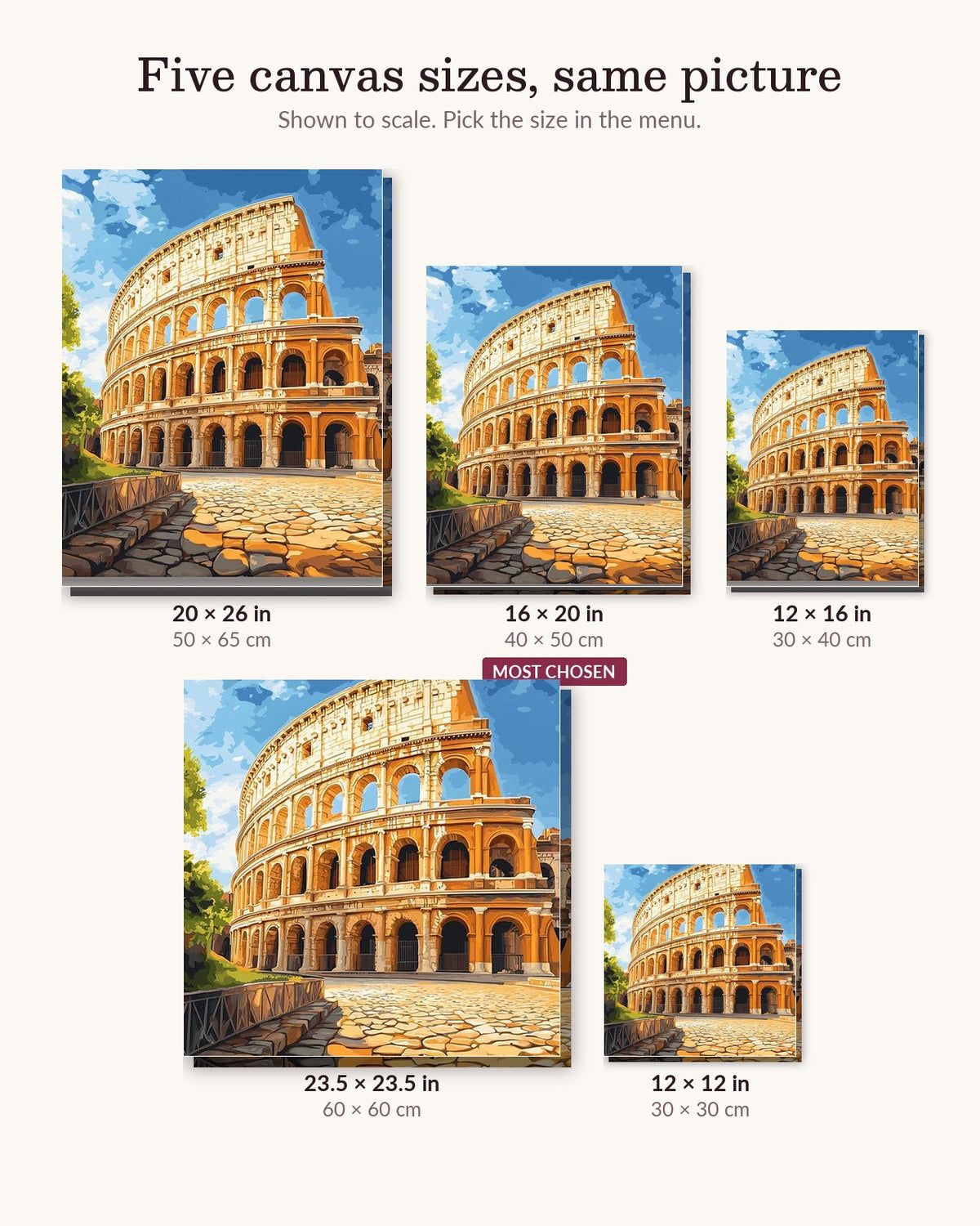 The Roman Colosseum canvas sizes from 12 x 12 to 23.5 x 23.5 inches