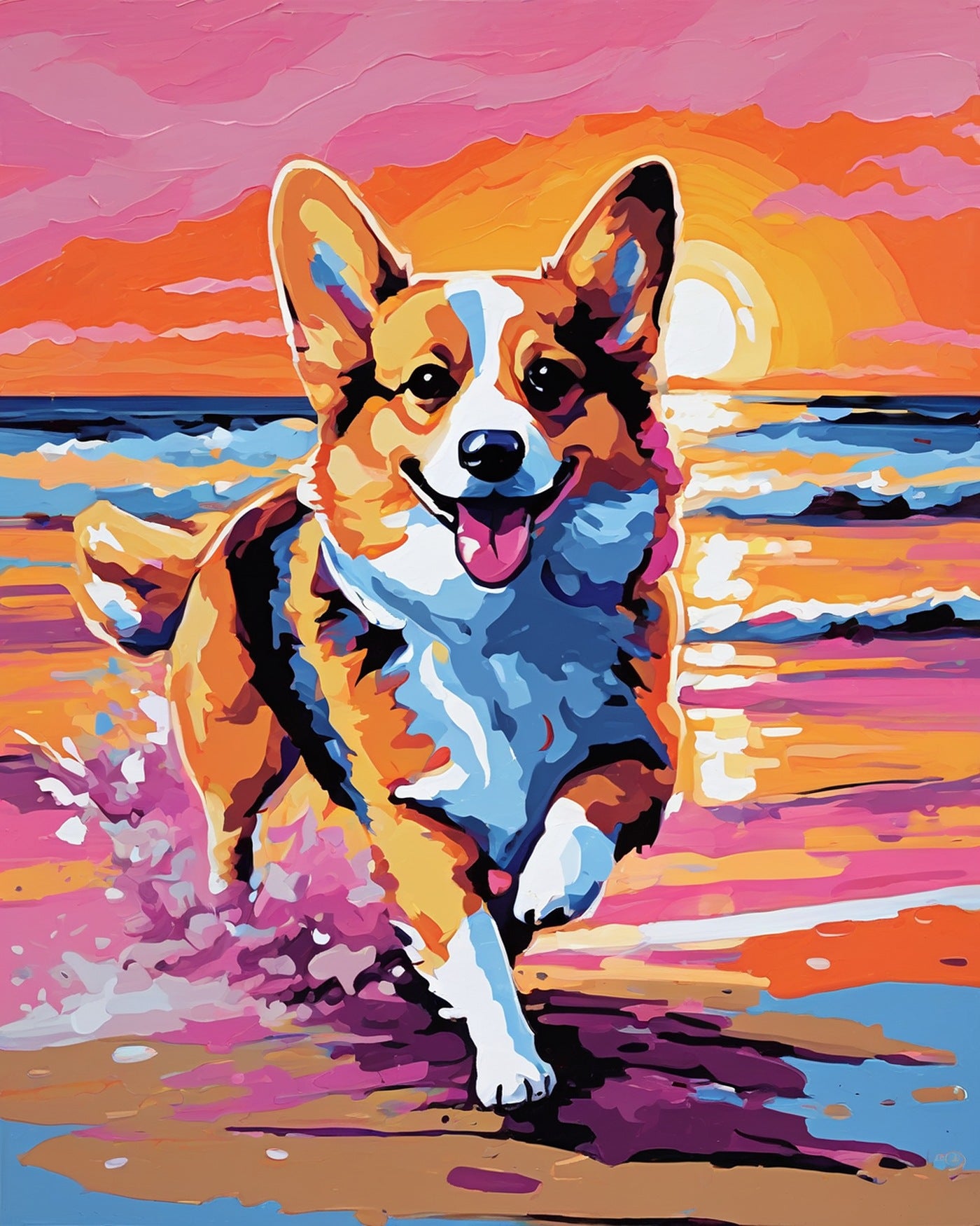 Corgi at the Shore paint by numbers kit, corgi running on wet sand at sunset
