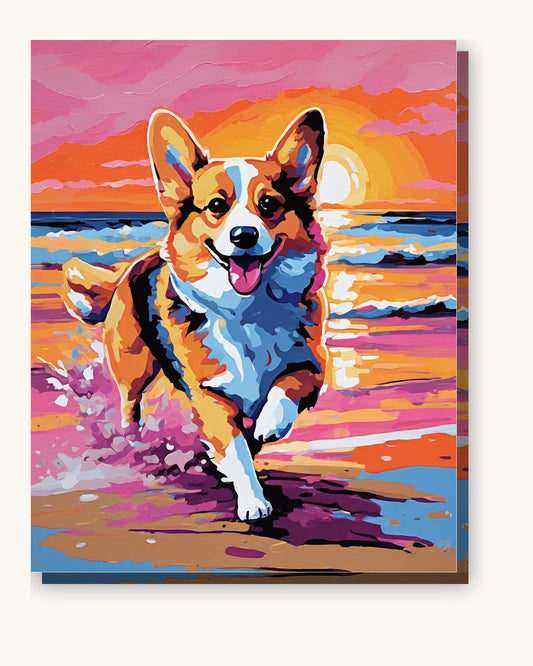 Corgi at the Shore paint by numbers kit on stretched canvas
