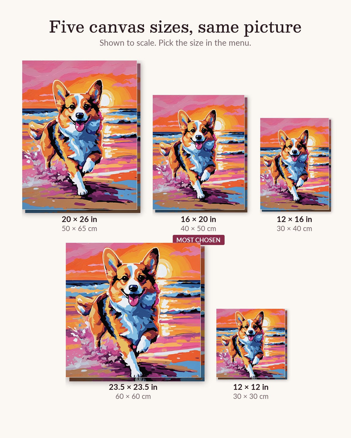 Corgi at the Shore canvas sizes from 12 x 12 to 23.5 x 23.5 inches