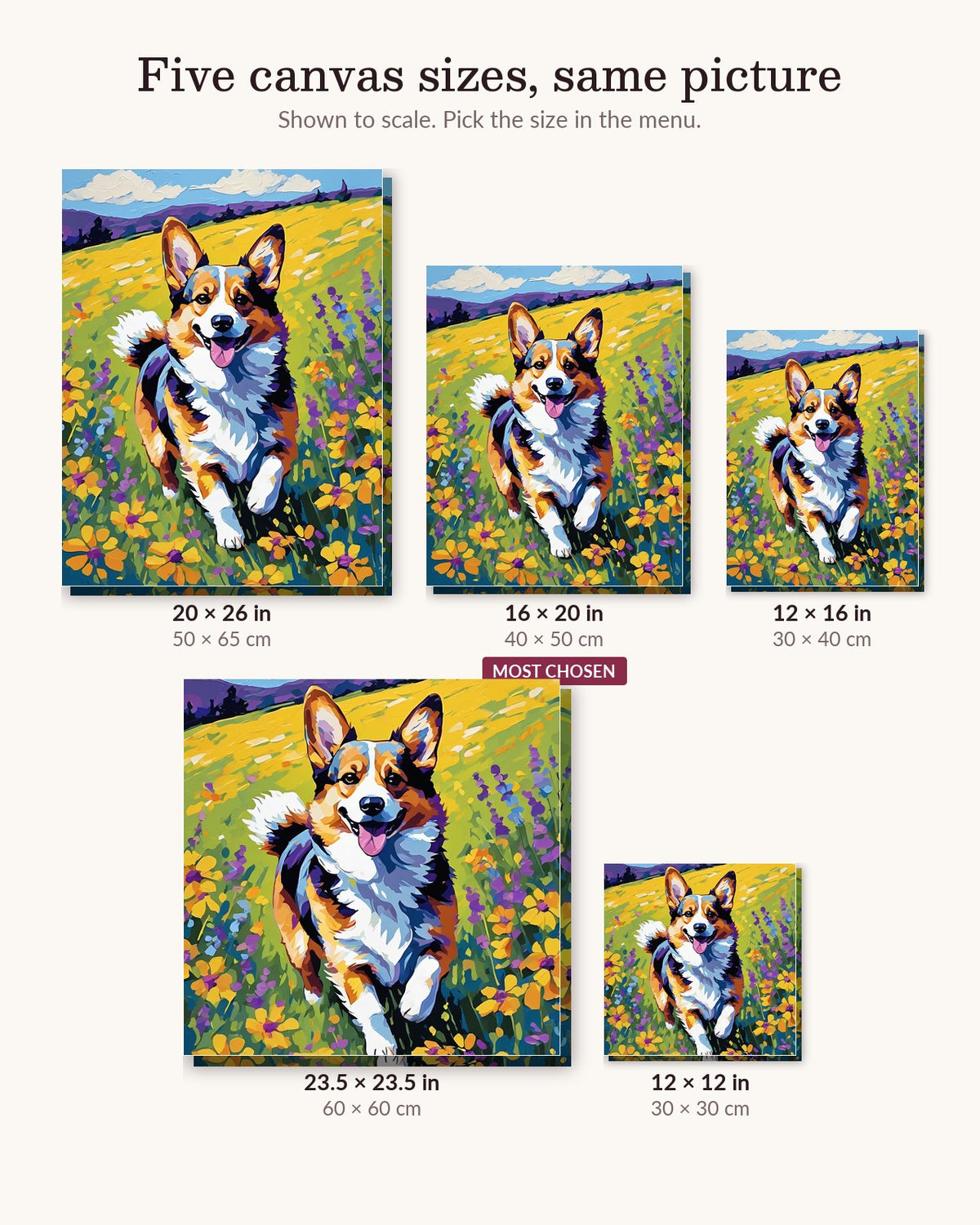 Corgi in the Flower Meadow canvas sizes from 12 x 12 to 23.5 x 23.5 inches
