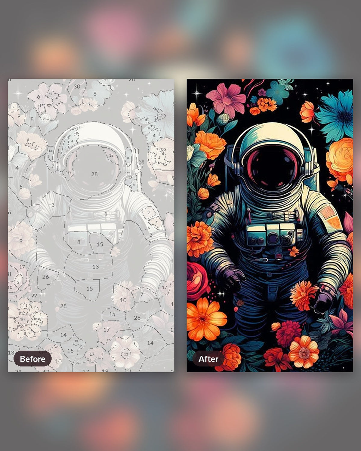 Cosmic Bloom Voyage paint by numbers kit, before and after