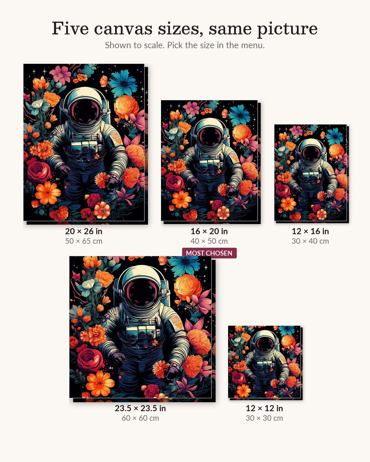 Cosmic Bloom Voyage canvas sizes from 12 x 12 to 23.5 x 23.5 inches