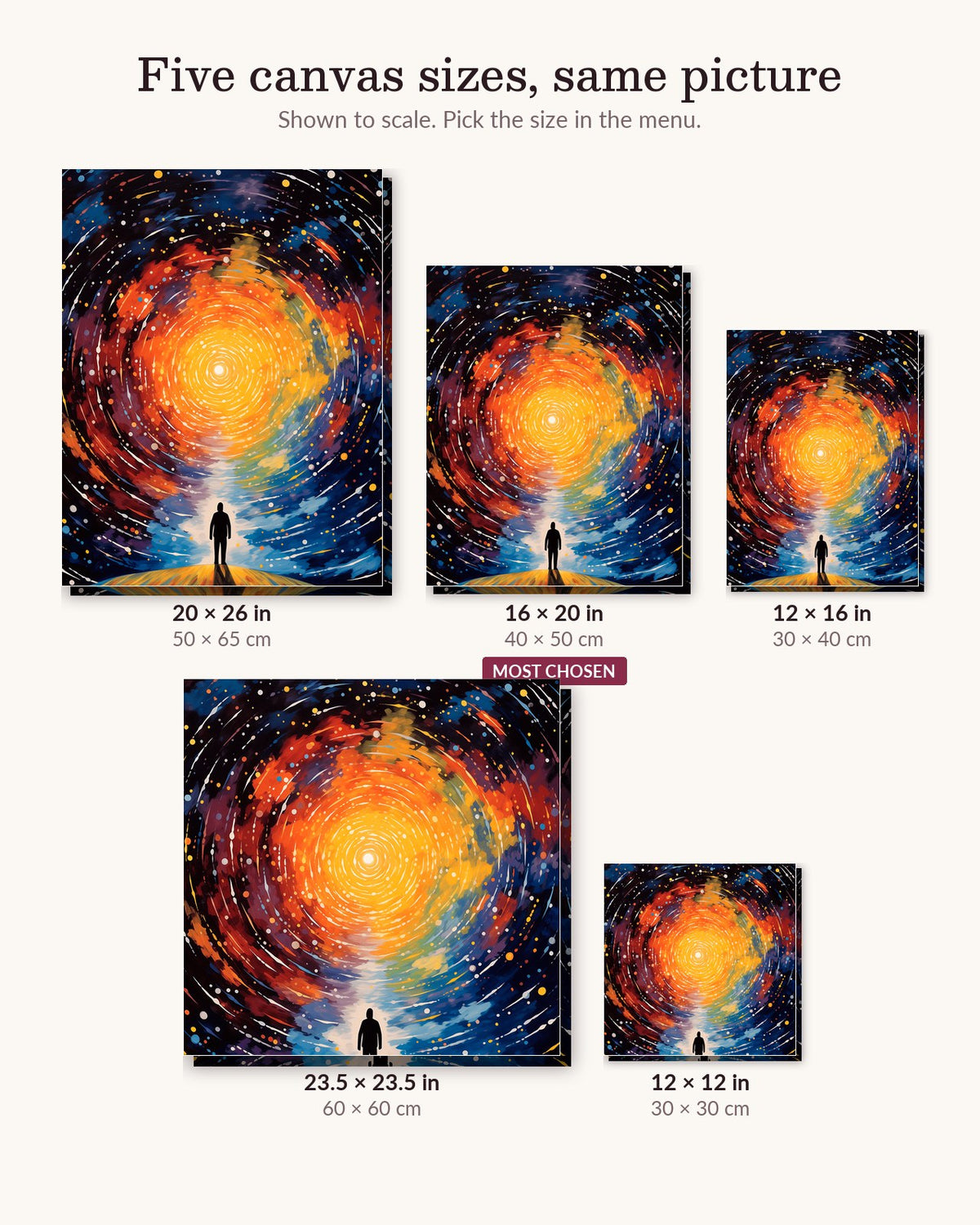 Galactic Reverie canvas sizes from 12 x 12 to 23.5 x 23.5 inches