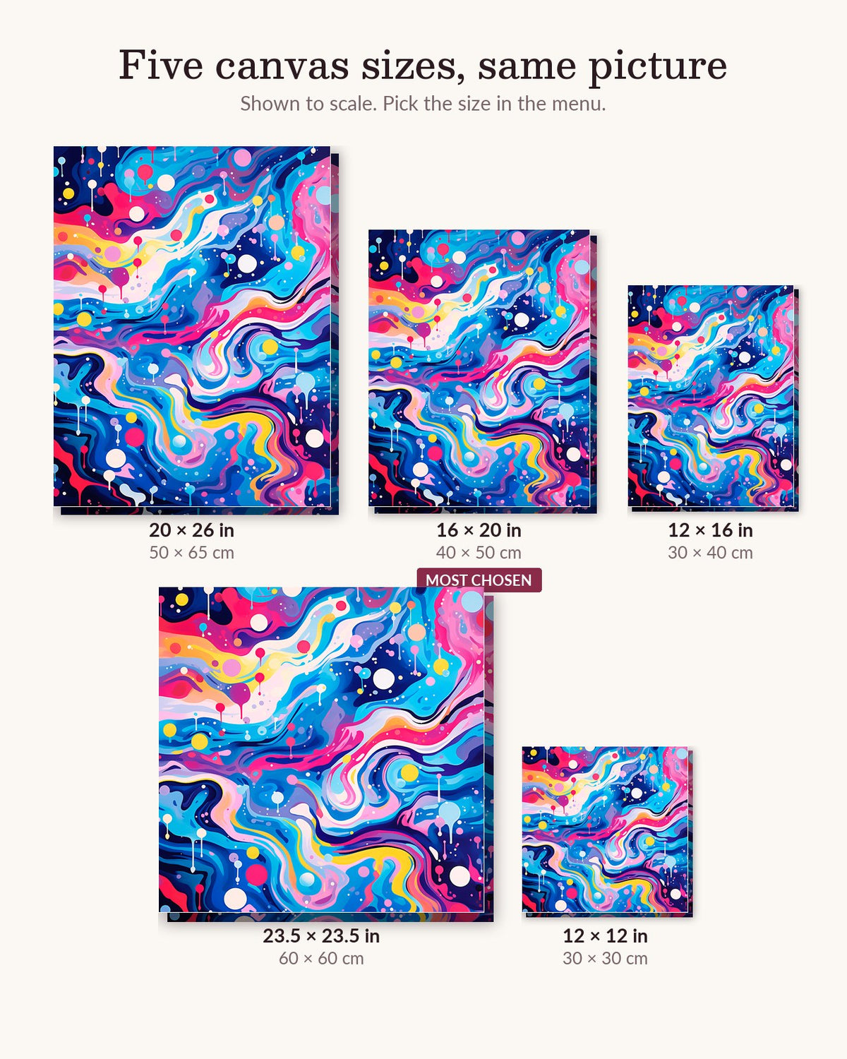 Stellar Waltz canvas sizes from 12 x 12 to 23.5 x 23.5 inches