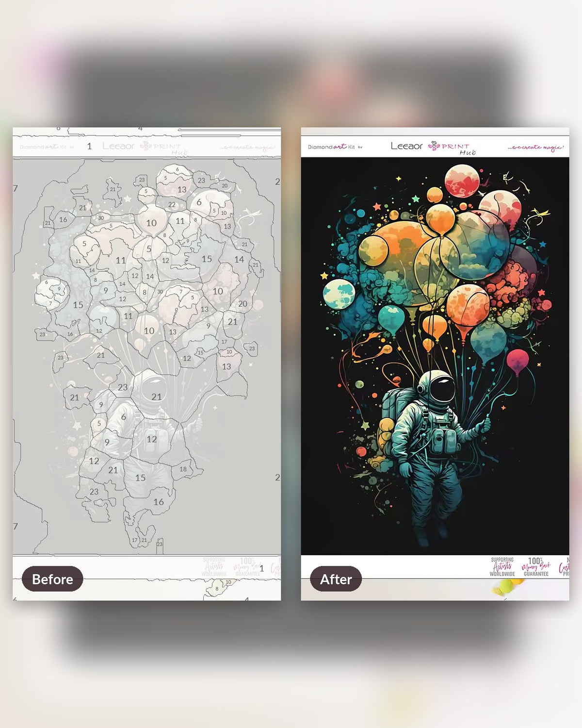 Cosmic Dreamer with Balloons paint by numbers kit, before and after