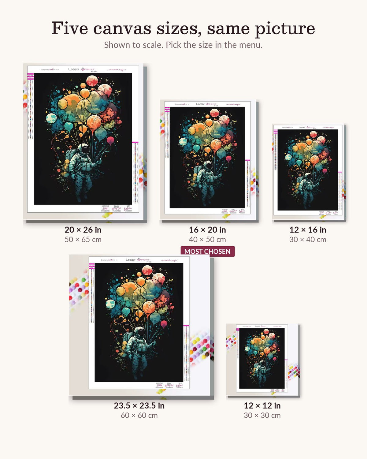 Cosmic Dreamer with Balloons canvas sizes from 12 x 12 to 23.5 x 23.5 inches