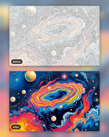 Cosmic Dynamic Flow paint by numbers kit, before and after