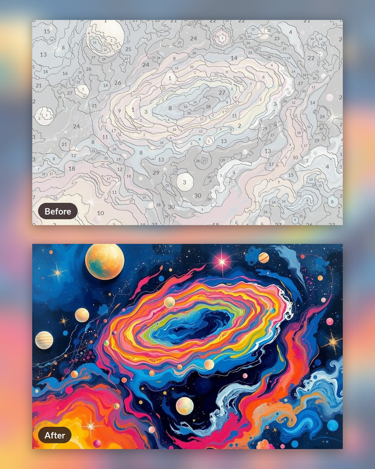Cosmic Dynamic Flow paint by numbers kit, before and after