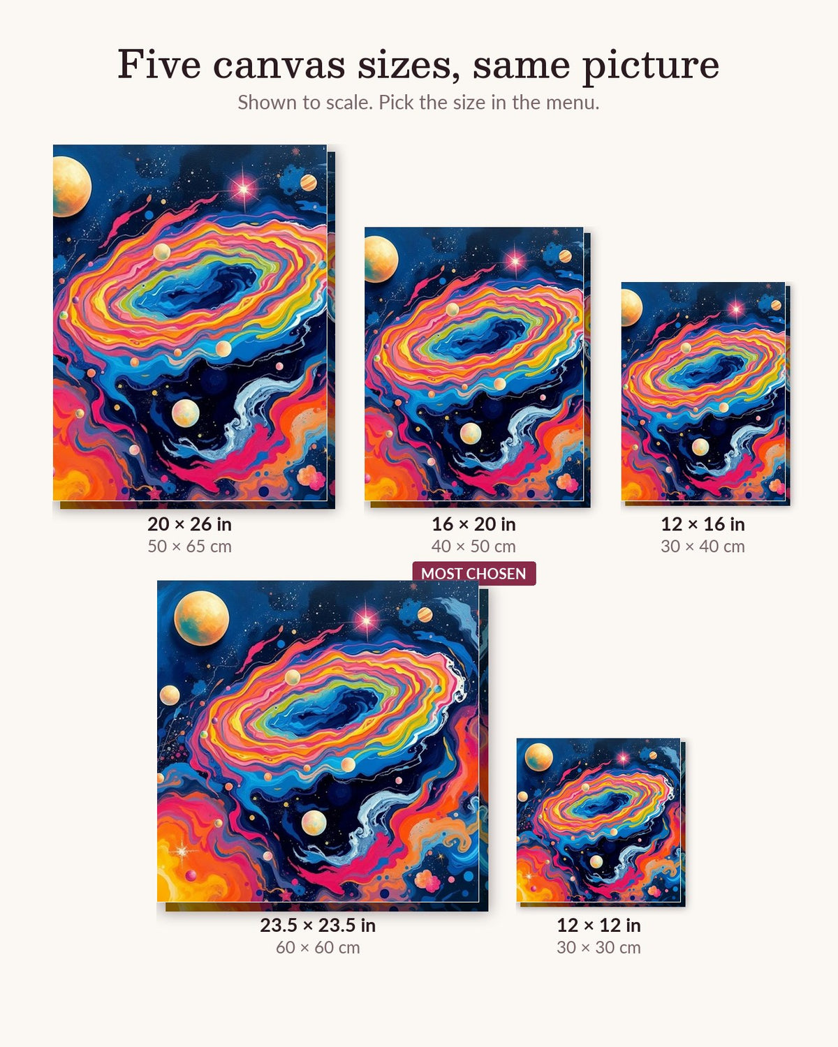 Cosmic Dynamic Flow canvas sizes from 12 x 12 to 23.5 x 23.5 inches