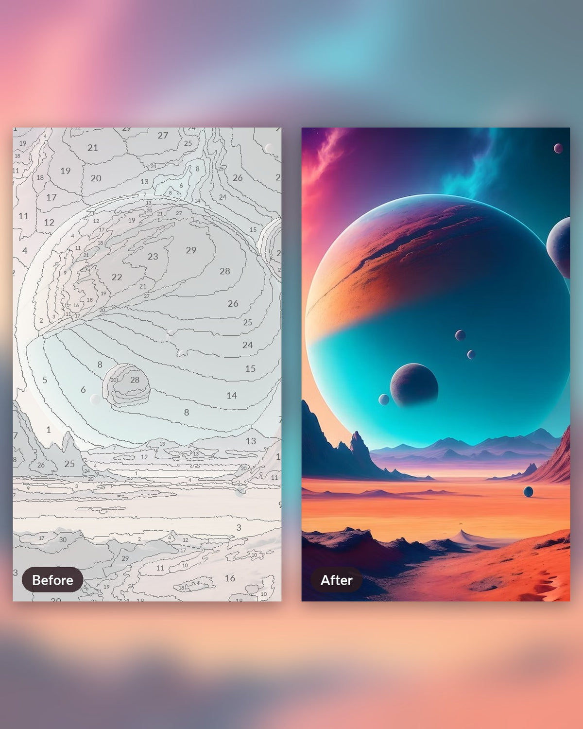 Cosmic Realms paint by numbers kit, before and after