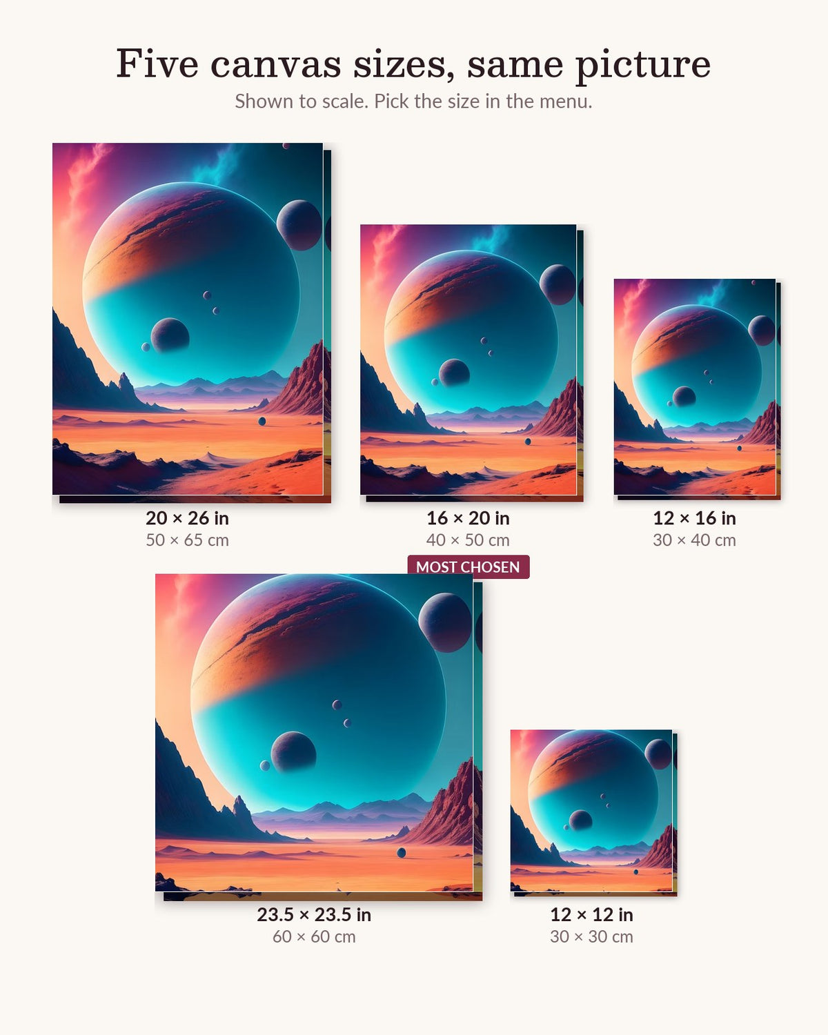 Cosmic Realms canvas sizes from 12 x 12 to 23.5 x 23.5 inches