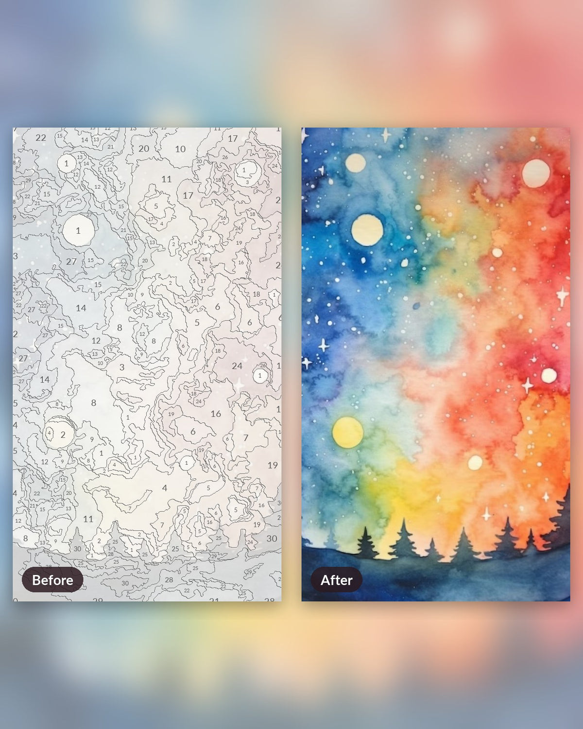 Cosmic Watercolors paint by numbers kit, before and after