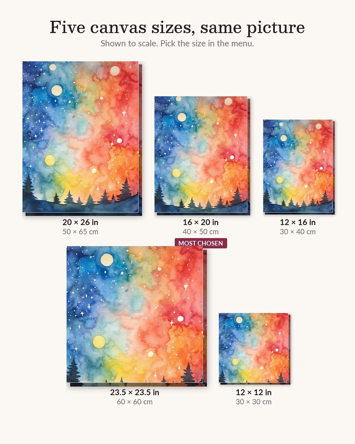 Cosmic Watercolors canvas sizes from 12 x 12 to 23.5 x 23.5 inches
