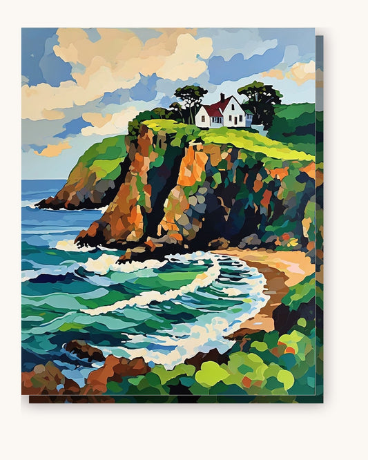 Cottage on a Green Cliff by the Sea paint by numbers kit on stretched canvas