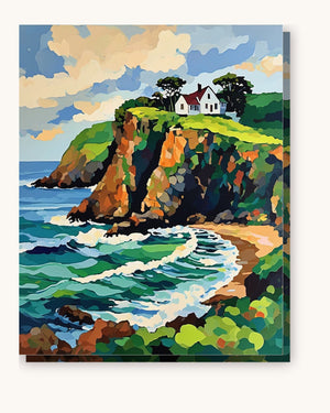 Cottage on a Green Cliff by the Sea paint by numbers kit on stretched canvas