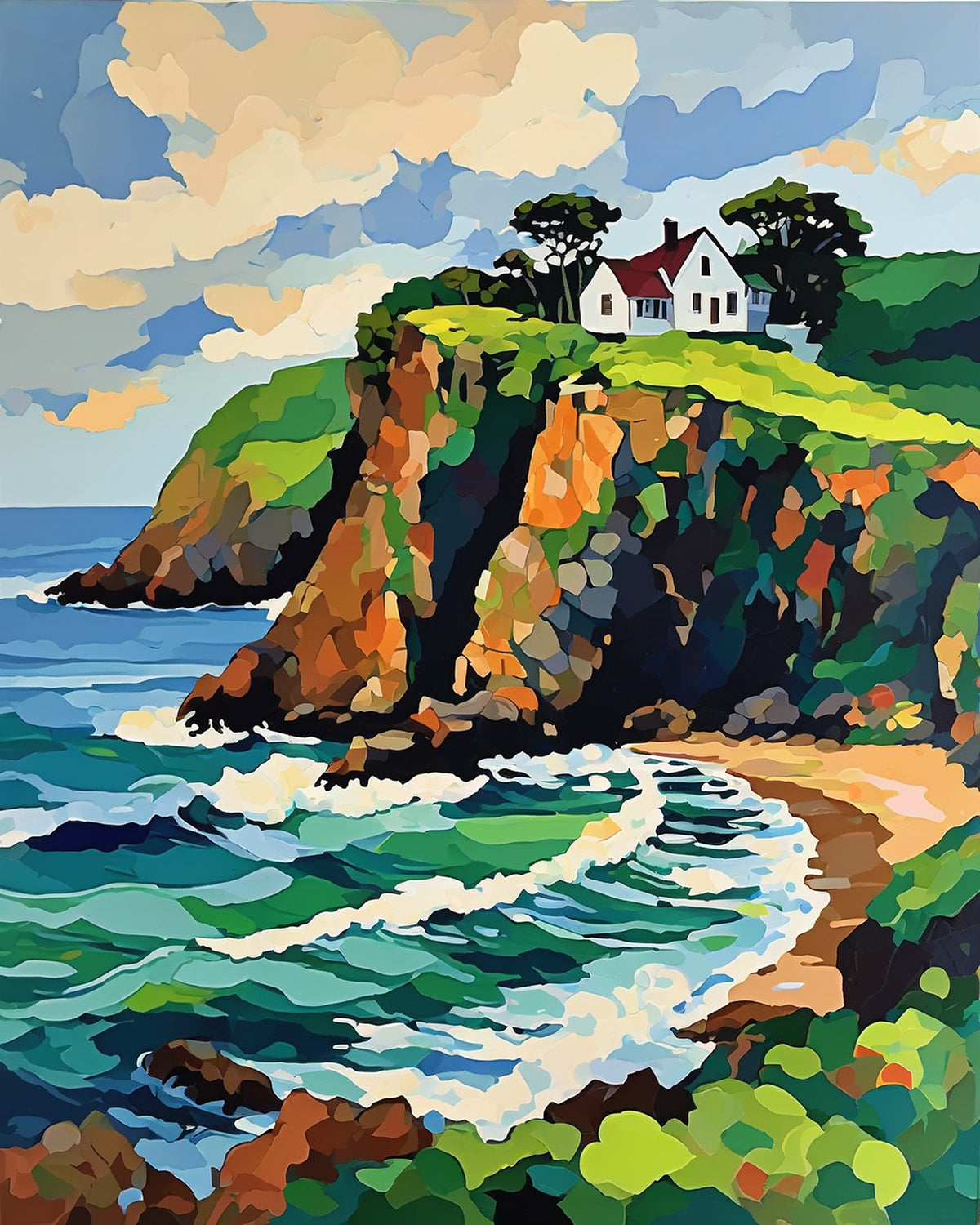 white cottage with red roof on a green cliff above ocean waves and a sandy beach, paint by numbers kit