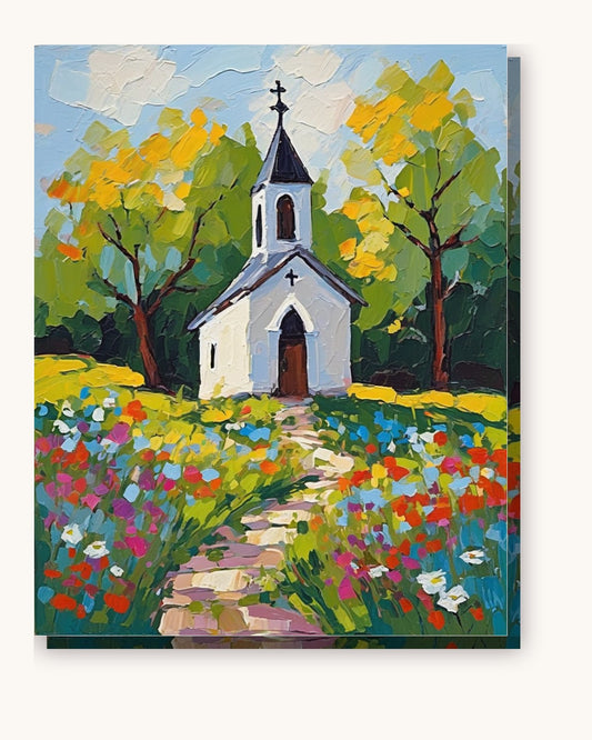 Country Church in Spring paint by numbers kit on stretched canvas