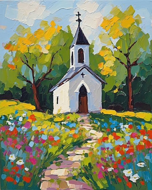 Paint by numbers canvas of a white country chapel with a dark steeple in a spring meadow full of wildflowers